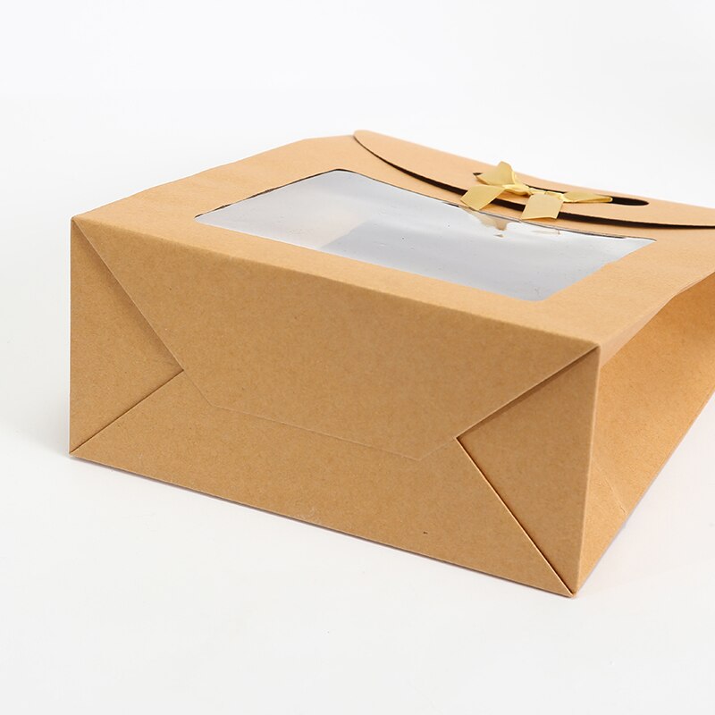 10pcs Ribbon Box Handle Hand Poket with Cover Lid Thick Kraft Window Show Decor Package Box Kraft Paper Folding Flower Bag