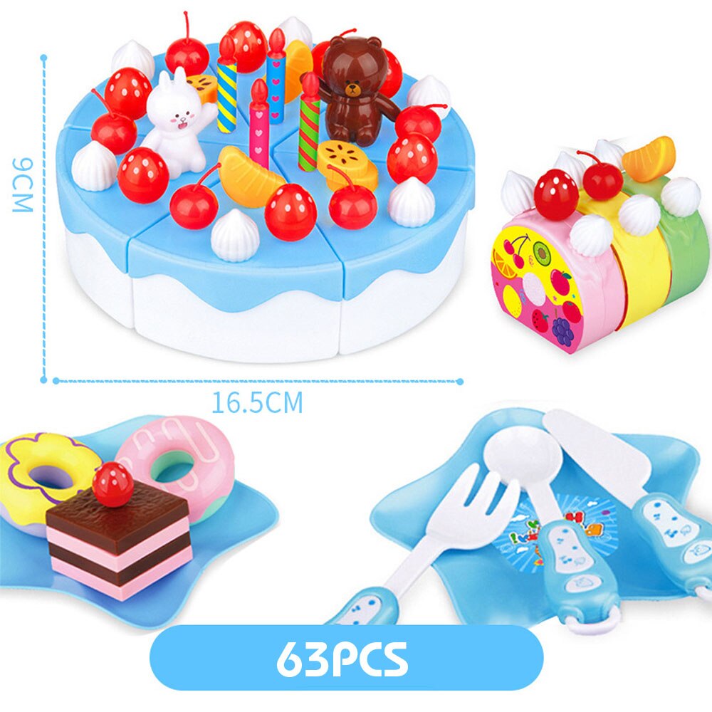103Pcs Diy Fantasiespel Fruit Snijden Verjaardagstaart Keuken Voedsel Speelgoed Cocina De Juguete Speelgoed Roze Blauw Meisjes voor Kinderen: 63pcs blue
