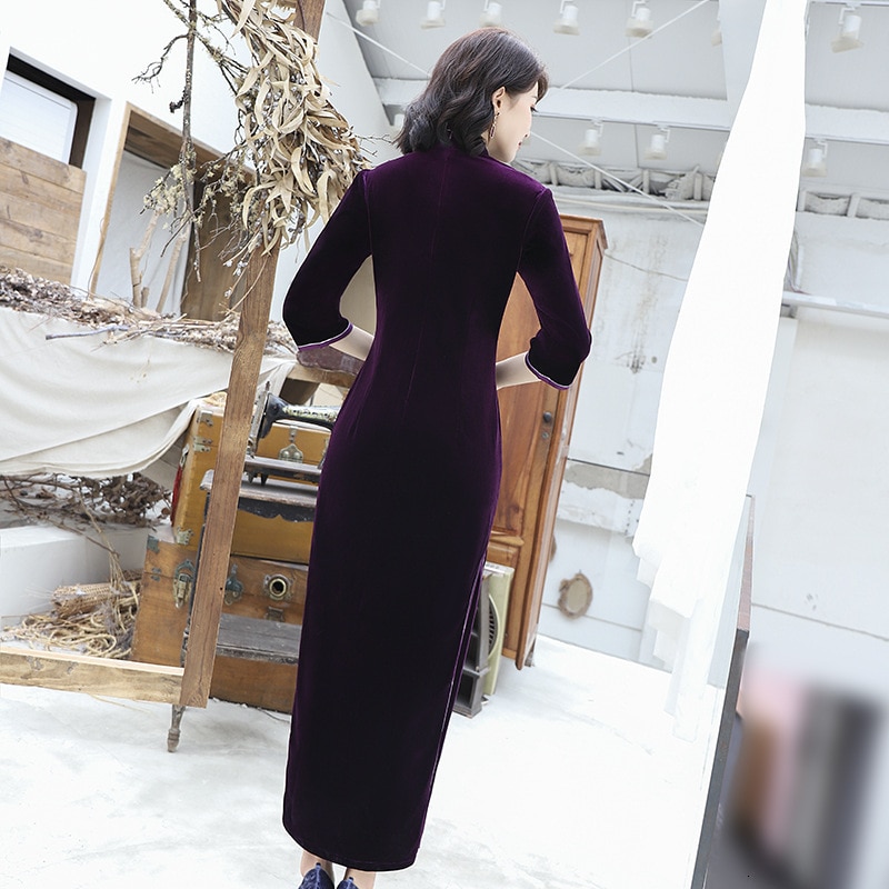 Sheng Coco Purple Velvet Long Cheongsam Long Sleeve Chinese Dress Evening Qipao Winter 4XL Plus Size Women Clothing