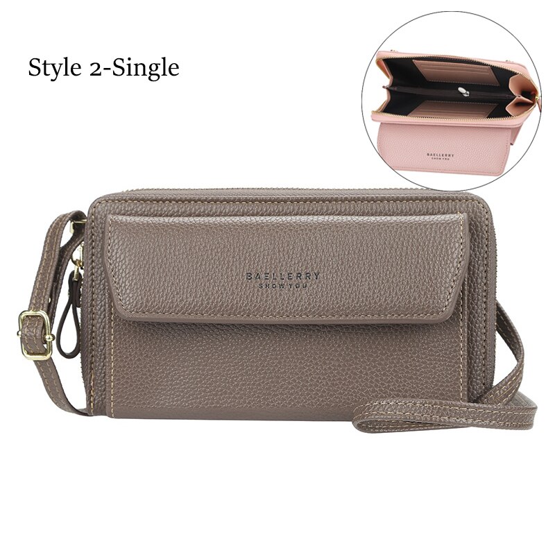 Bandoleras de piel sintética de doble capa para mujer, bolsos de gran capacidad, tarjeteros, cruzados,: Single-Light brown