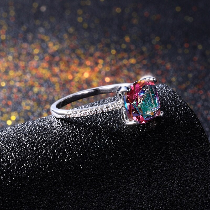 Chamfer Square 8*8MM Mystic Fire Rainbow Topaz Ring for Women Silver Rings Anniversary Jewelry Valentines Day