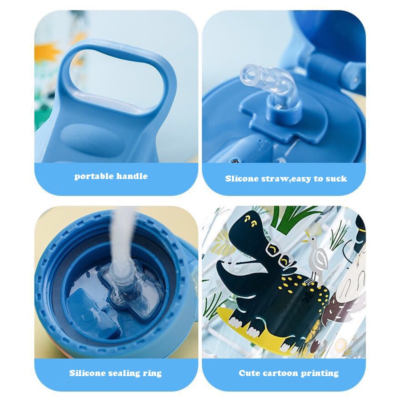 Botella de agua sin BPA para niños, con pajita, de silicona, 500ml, , ecológica, para la escuela