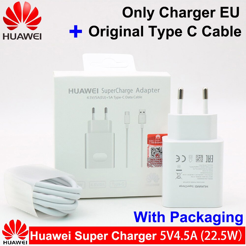 4,5 V 5A HUAWEI Original Schnelle Ladegerät Kamerad10 9 Kamerad20 P20 Profi Super ladung Schnell Reise Zauberstab Adapter 5V 4,5 EIN Typ-C 3,0 USB Kabel: EU ladegerät kabel einstellen