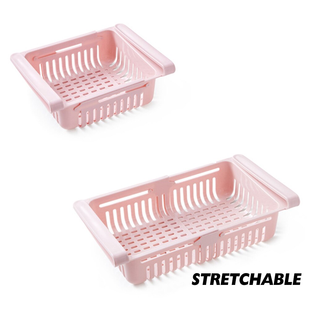 1Pc Verstelbare En Rekbaar Koelkast Organizer Lade Mand Koelkast Pull-Out Lades Verse Spacer Laag Opbergrek: Pink 20.5x16.4x7.6cm