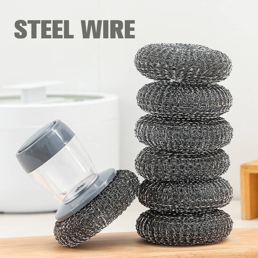Soap Dispensing Palm Brush with Storage Tank Steel Wire Ball Dish Pot Cleaning Scrubber Brush Kitchen Accessories