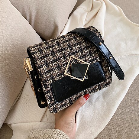 femme rabat carré sac nouvelle laine femmes sac à main serrure chaîne épaule Messenger sac de voyage sac: Black