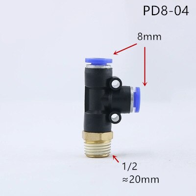Pd pneumatisk kobling 4mm-12mm slangerør t form t-luftkobling 1/4 " 1/8 " 3/8 " 1/2 " bspt utvendig gjenge 3 -veis rørkobling: Pd8-04