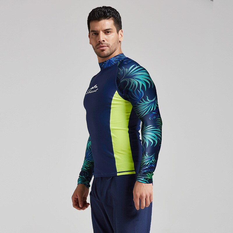 Contrast Color Rash Guard Men UV Sun Protection UPF 50+ Basic Skins Long Sleeve Crew Tee Surfing Top Floral Print Navy Blue