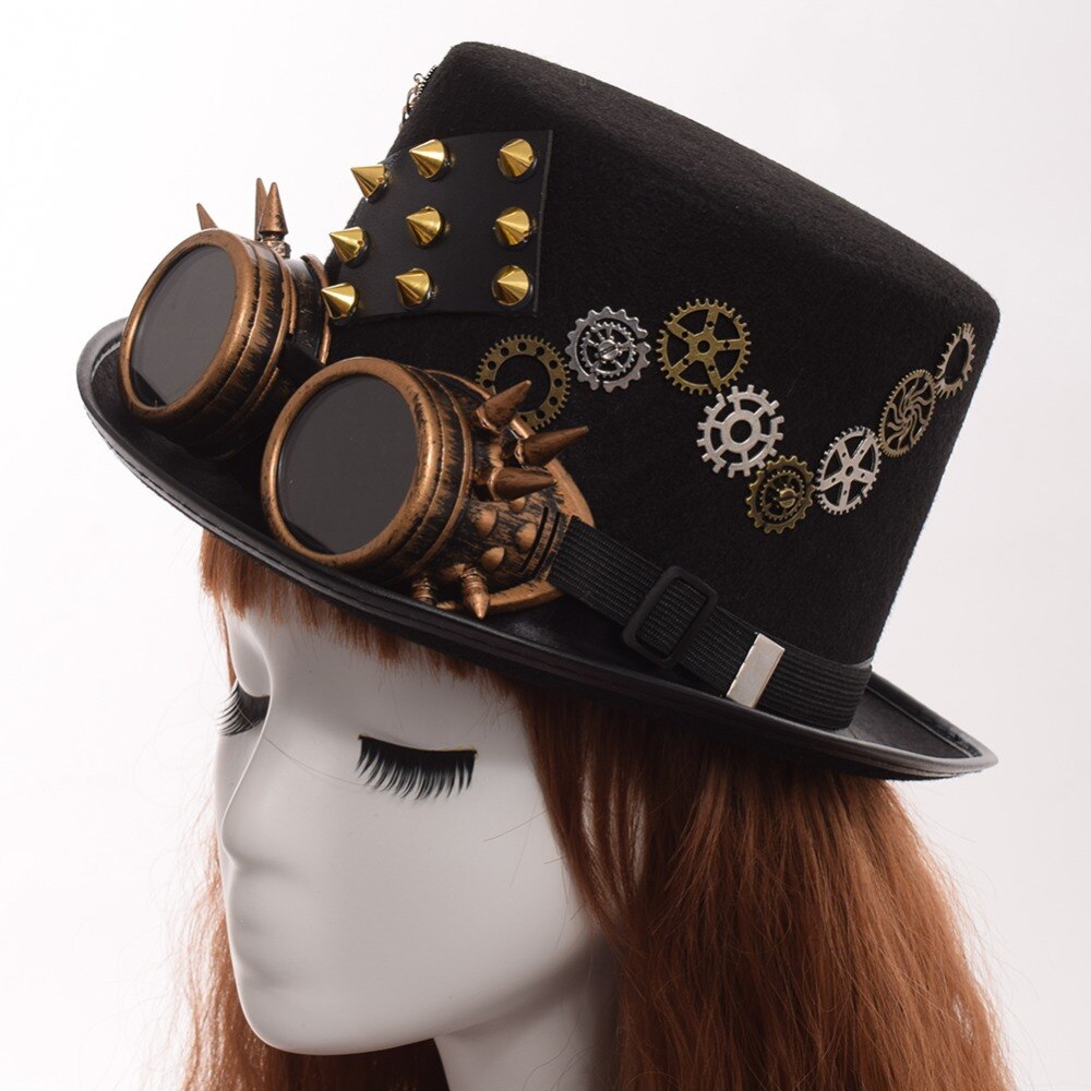 Black Steampunk Punk Hoed Met Bril Gothic Vrouwen Mannen Cosplay Klinknagel Gear Fedora Bowler