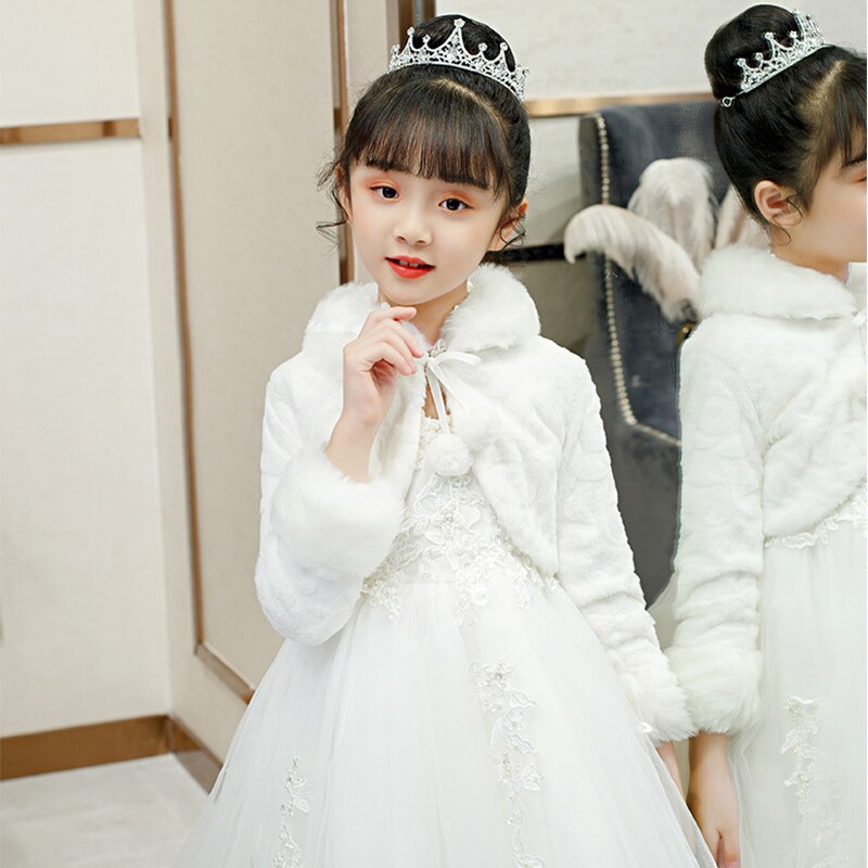 Long Sleeve Girls Faux Fur Jacket Bridesmaid Birthday Party Wedding Jacket for Flower Girls Dress Wraps Coat Cloak Bolero Cape