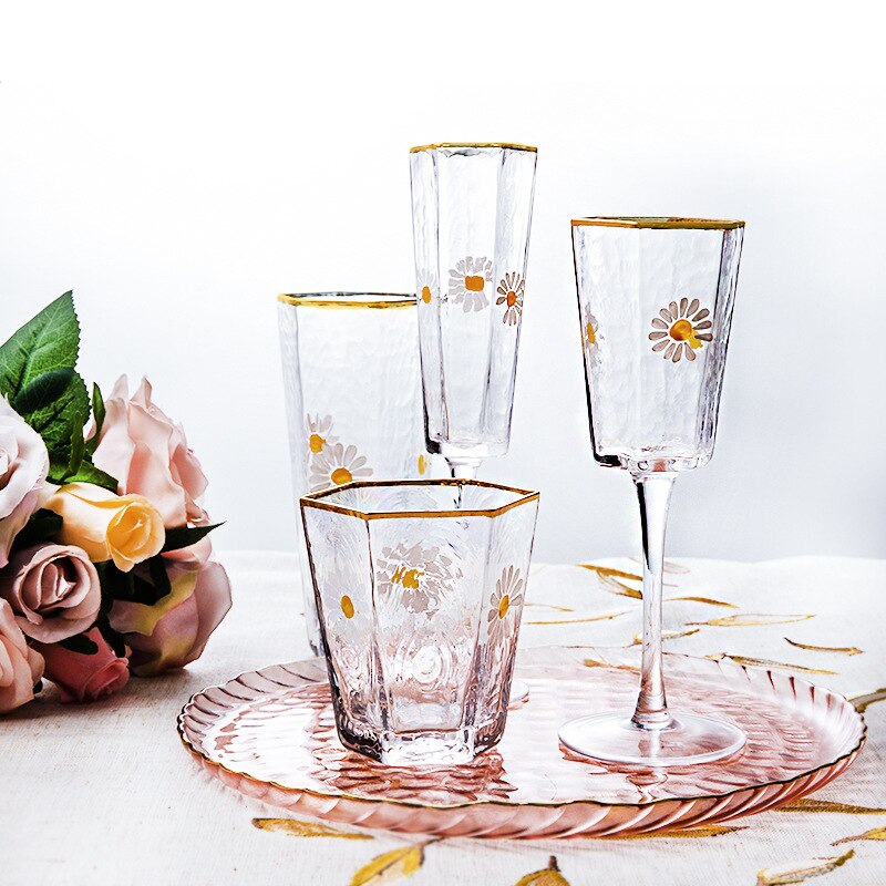 Japansk stil håndmalet retro landlig stil seks-sidet lille daisy glas restaurant champagne glas vin glas bæger mund kop