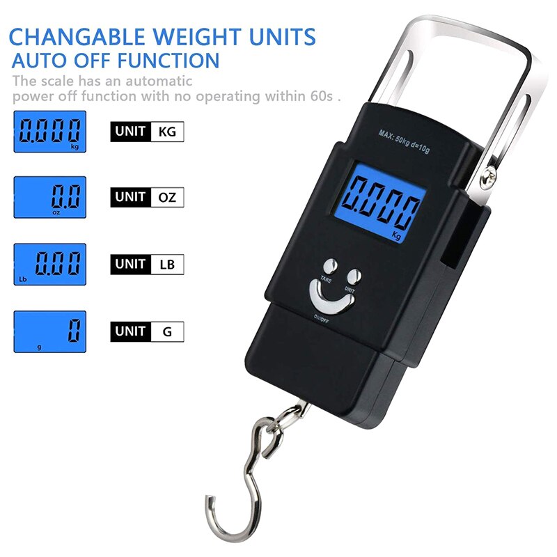 50KG Electronic Digital Hand Held Balance Fishing Scale Electronic Digital Postal Hanging Hook Scale With Backlit LCD Display