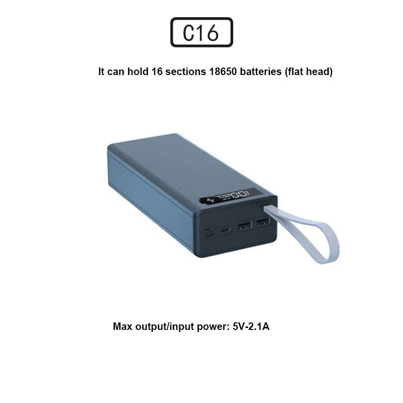 16*18650 batteri power bank taske oplader boks holder dobbelt usb lcd display support hurtig &amp; trådløs opladning til iphone 13 xr 12: Normal sort