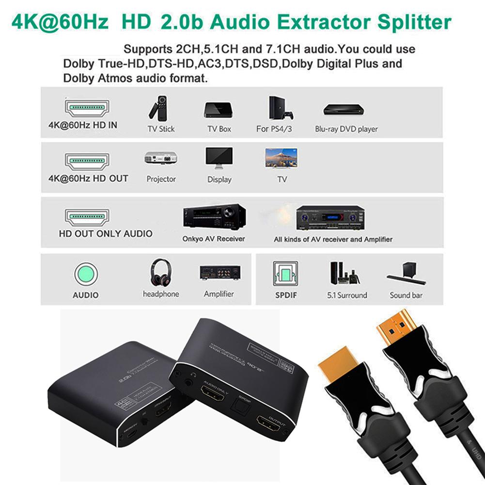 Aluminum Alloy Optical Fiber Audio Separator With Arc 7.1 4k X 2k 60hz 4 Audio Modes Audio Extractor