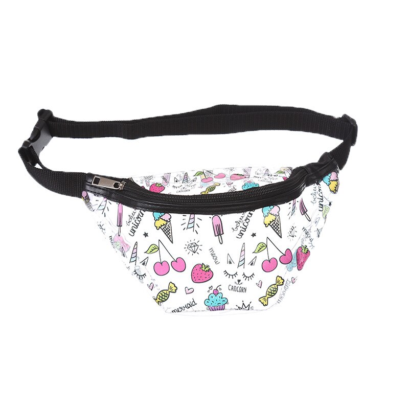 Sac banane pour femmes, été , sac de ceinture de plage transparent en PVC avec licorne de dessin animé pour filles: black