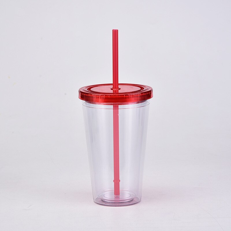 Vasos acrílicos transparentes de doble pared, vaso de plástico con pajillas, reutilizable, para bebidas frías y zumos, 16oz: H