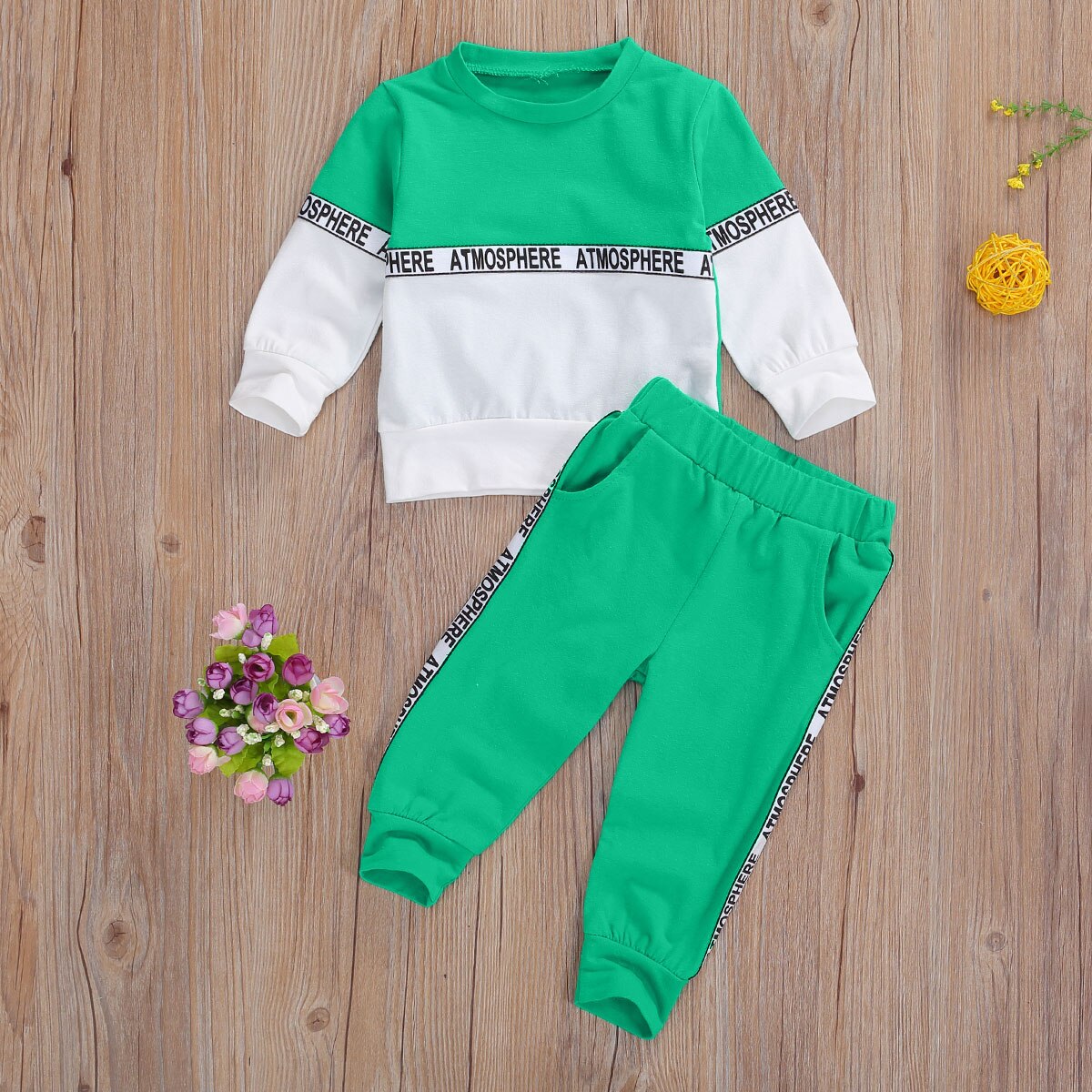 Herfst kinderpak lange mouwen broek pak persoonlijkheid stiksel ronde hals t-shirt + effen kleur elastische lange broek