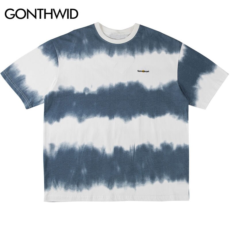 GONTHWID Tie Dye Striped Tees Shirts Summer Casual Streetwear Tshirts Harajuku Hip Hop Short Sleeve Tops Hipster T-Shirt