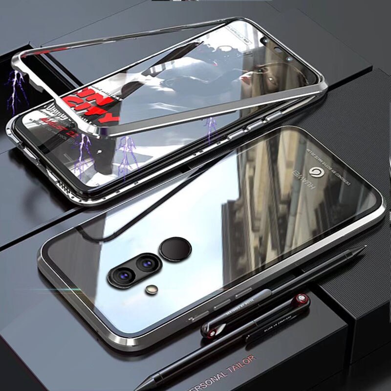 YonLinTan Coque cover Case Voor Huawei Mate 20 Pro Lite Mate20 20Lite Metalen magnetische Frame adsorptie gehard glas gevallen: For Mate 20 Lite / Silver