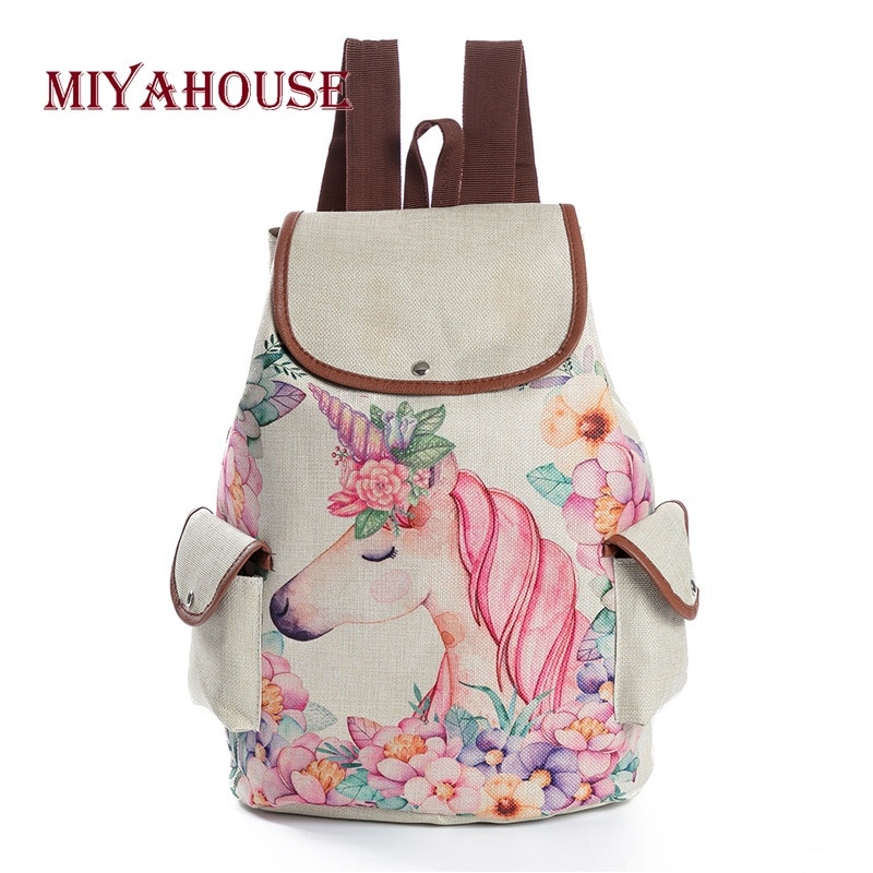 Miyahouse Casual Floral Cartoon Horse Printed Backpack Female Linen Drawstring School Bag For Teenage Girls Travel Rucksack