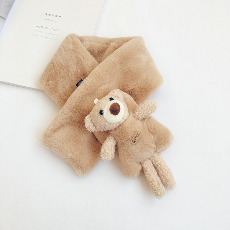 Autumn Winter Girls Warm Fleece Scarf with Bear Kids Fleece Scarves: khaki