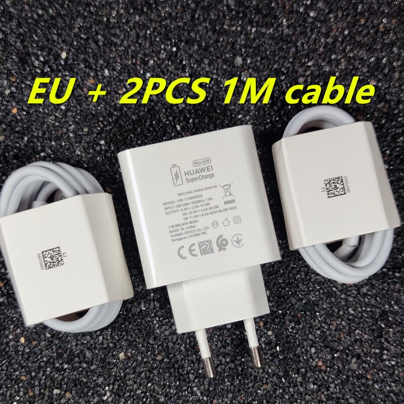 Original EU/US Huawei 66w charger 6A SuperCharge USB Type C cable For Huawei Mate 40 Pro mate30 40 p40 pro: 66W EU 2PCS 1M cable