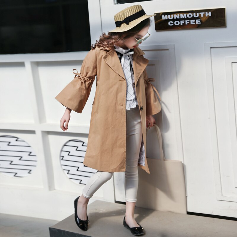 4-14y Girls coat autumn overcoats flare sleeve children's clothing jackets pockets medium-long kids outerwear