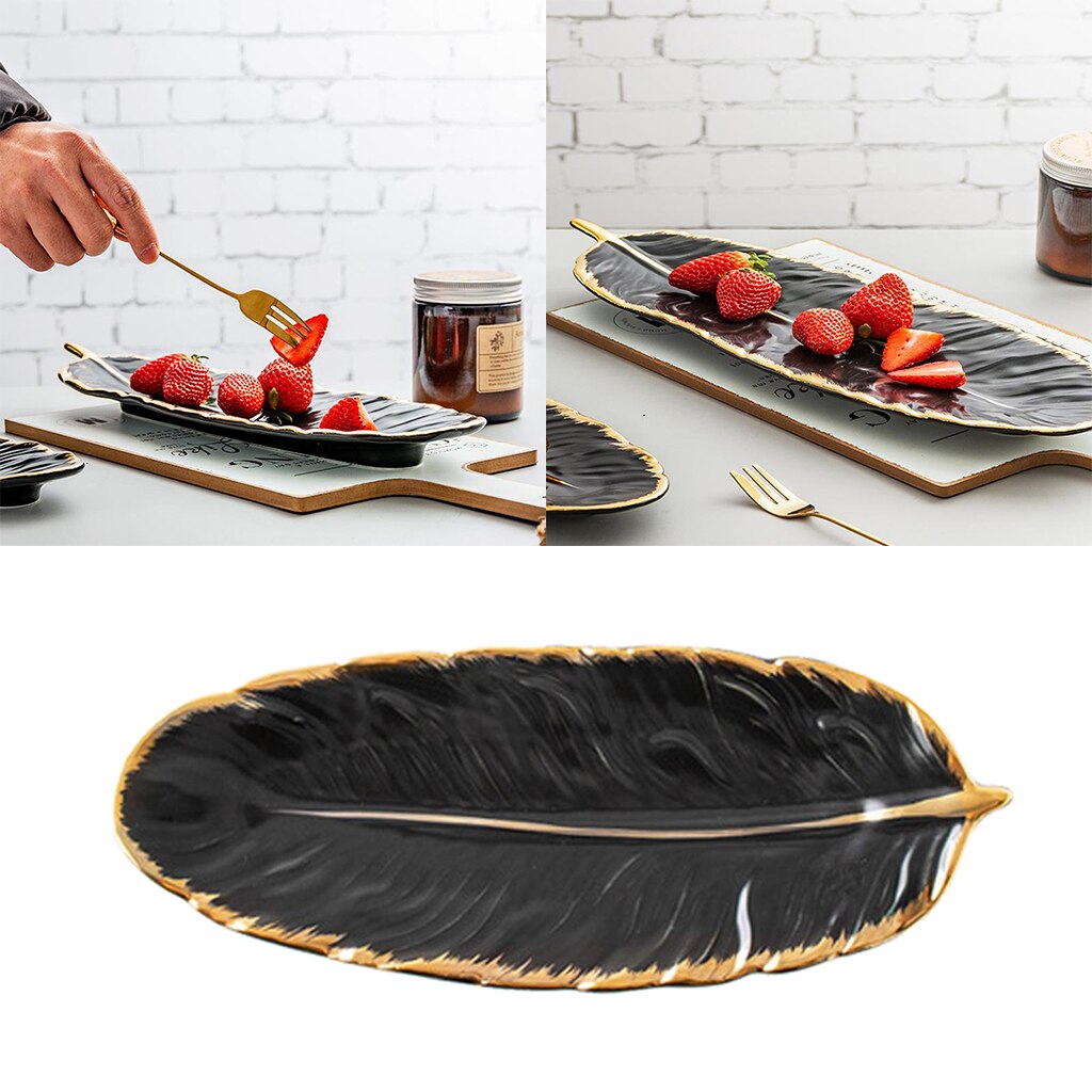 Luxury Jewelry Dish Tray Ceramic Tray Leaf Shape Dinnerware Plate Organizer: black L