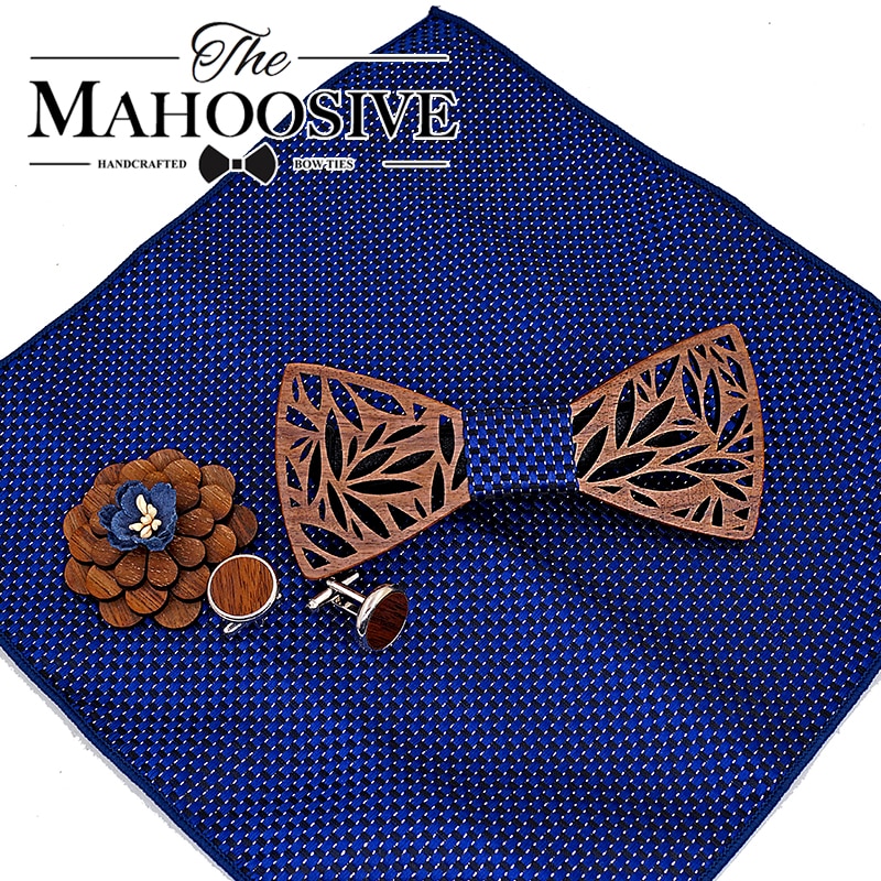 Paisley træsløjfe lommetørklæde sæt herre plaid sløjfe træ hule udskåret udskåret blomster og æske nyhedsslips