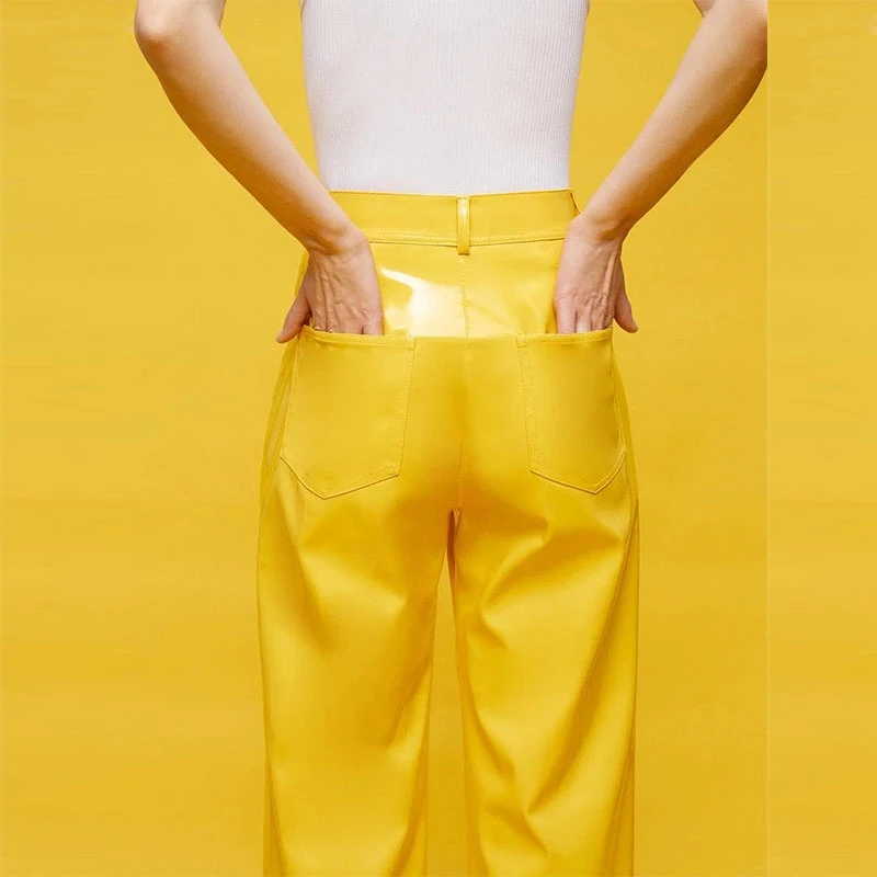 Skinnende røde patentskinn rette bukser dame høy midje pvc slanke bukser dame elegante gule pu bukser lomme tilpasset klubbklær