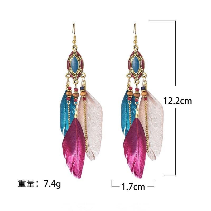 Etnische oorbellen met veren, damessieraden, bohemian zomerse metalen oorbellen met lange kwastjes, indiase sieraden