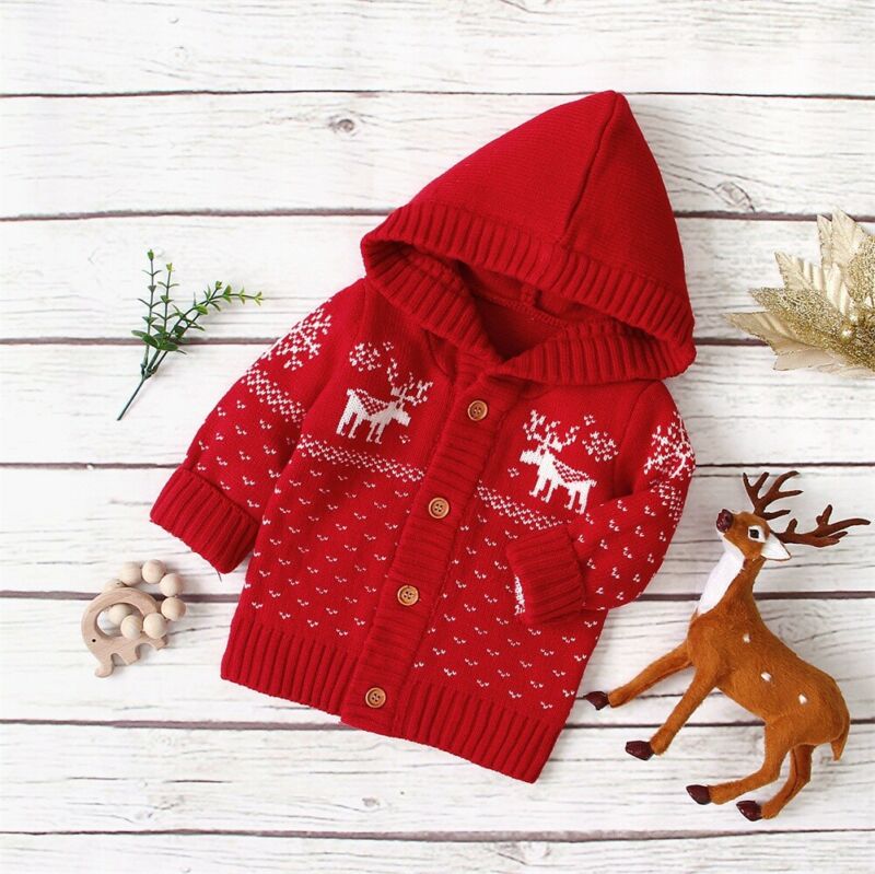 Newborn Baby Boy Girl Xmas Long Sleeve Knitted Coat Jacket Cardigan Christmas Knitted Deer Coat Sweater Outfits Clothes: Red / 6M