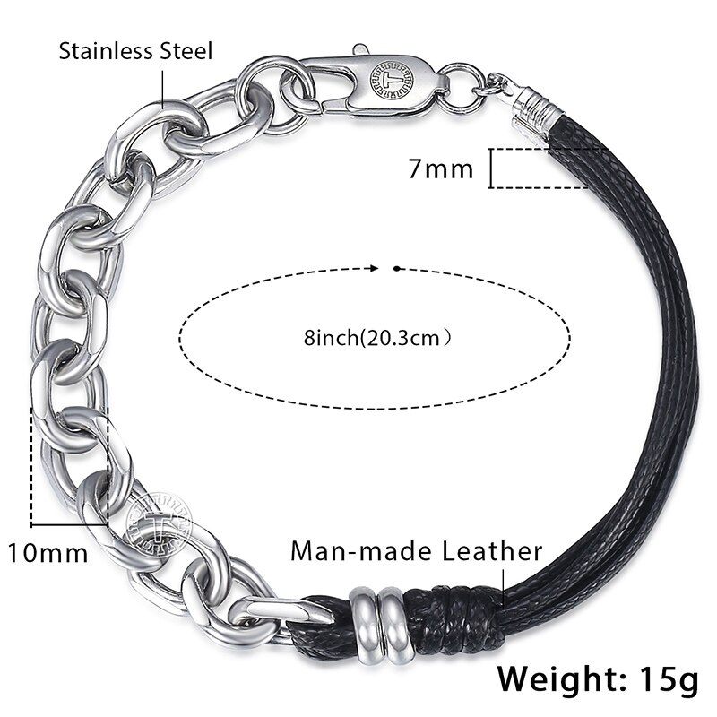 Trendsmax Bracelet en cuir pour hommes femmes en acier inoxydable câble chaîne lien Bracelet hommes bijoux 20cm KDLB35