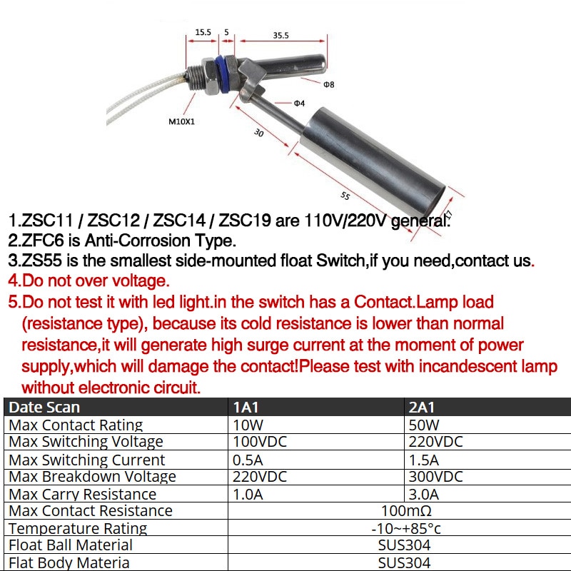 1PC ZSC11 Liquid Float Water Level Sensor Side Mount Float Switch Safe Stainless Steel Under 220V