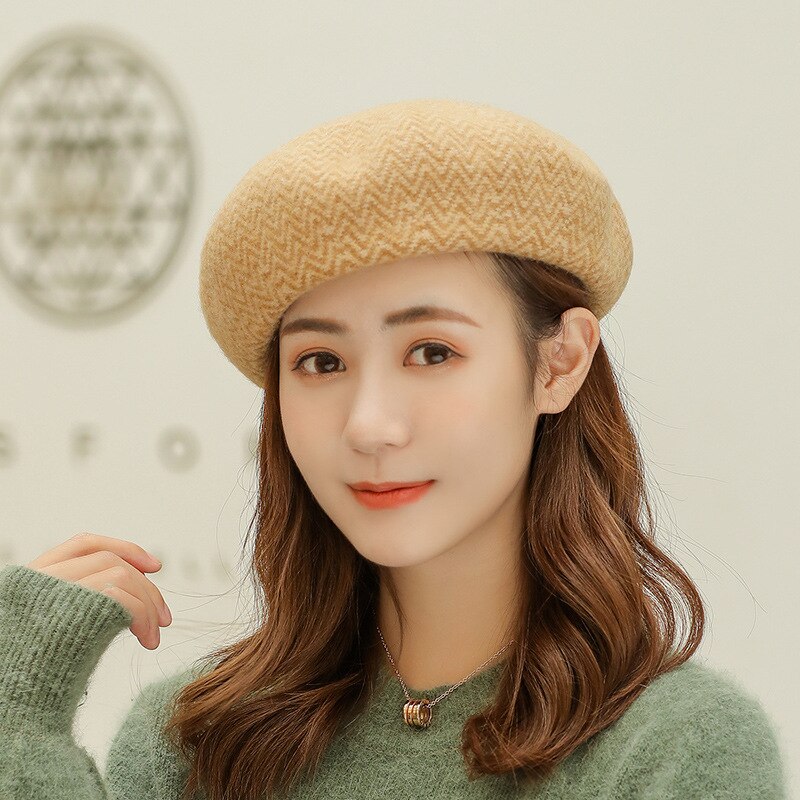 Wollen Wave Patroon Dame Baret Winter Baret Kasjmier Vrouwen Baret Herfst Winter Hoeden Caps: beige camel