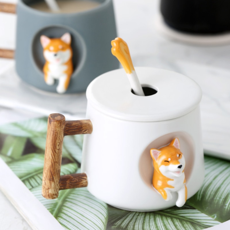 Leuke Cartoon Animal Shiba Inu Keramische Mok Creatieve Mannen En Vrouwen Koppels Met Deksel Lepel Drinkwater Koffie Cup