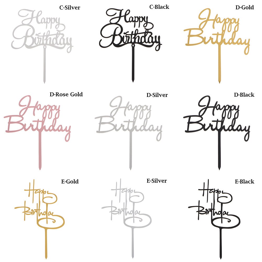 Happy birthday taarttopper van acryl met letters, goud en zilver, decoratie voor een jongensverjaardagsfeestje of bruiloft.