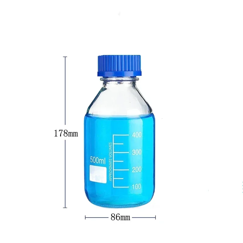 Botellas de almacenamiento de medios de vidrio redondas graduadas, color marrón/transparente, 25-1000ml, con tapas de tornillo GL45 azules para líquidos reactivos de agua de laboratorio, 1 Uds.