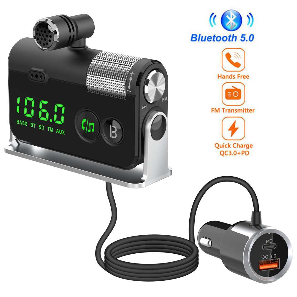 FM Transmitter Bluetooth 5.0 Car Kit Handsfree AUX Audio Receiver MP3 Player QC3.0+PD 18W USB Charger with Removable Microphone