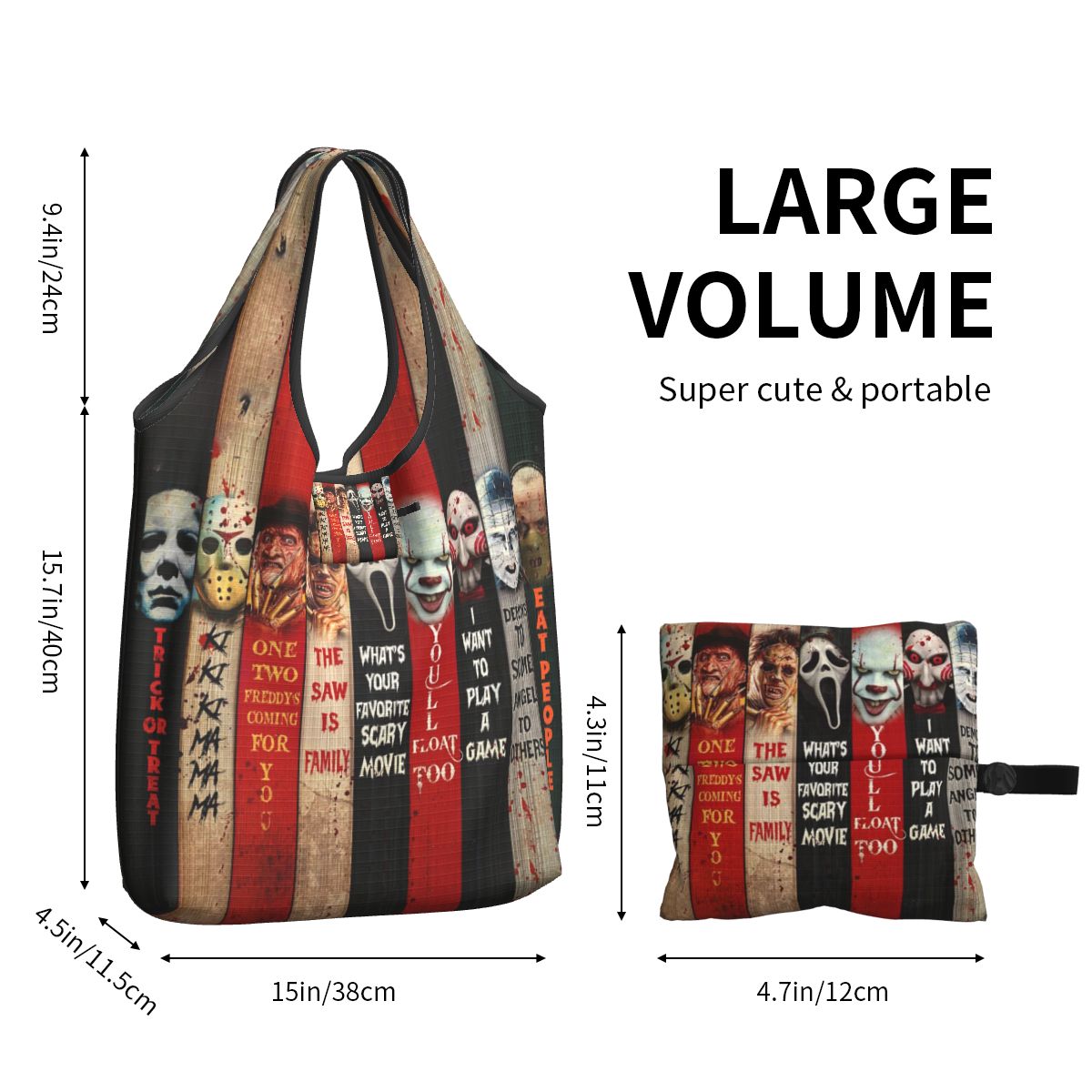 Custom Reusable Halloween Horror Movie Character Shopping Bag Women Tote Bag Portable Groceries Shopper Bags