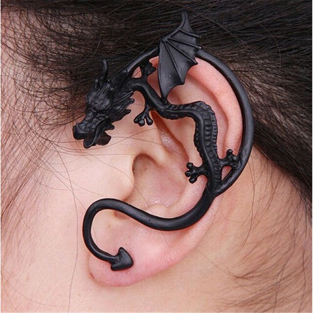 Gothic DIY Black Bat Shaped Ear Clips For Women Girls Punk Dragon Snake Butterfly Ax Vintage Earrings Party Jewelry: ER0004-Black