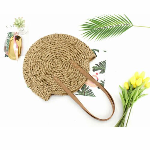 Fresh Pastoral Style Women Casual Large Capacity Solid Round Circular Rattan Wicker Straw Woven Crossbody Beach Bag Basket