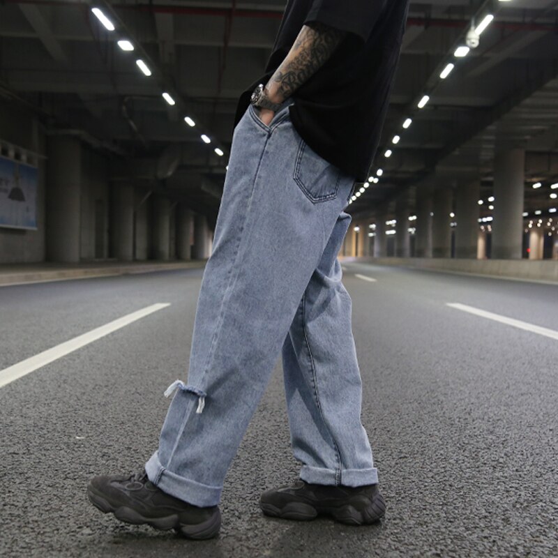 Sidehull retro denim bukser med brede ben herre rette bukser pluss størrelse rap hip hop streetwear uformell vår lang bukse