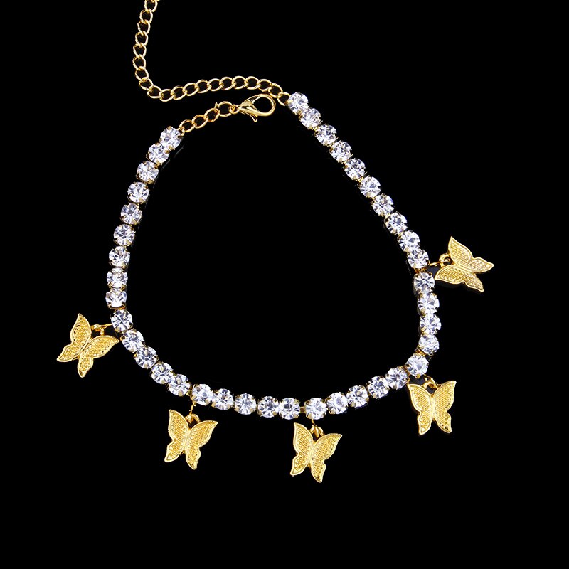 StoneFans 1pc breloque Tennis rose papillon cheville chaîne bijoux charmant lien cubain strass papillon cheville pied bijoux: Gold Clear