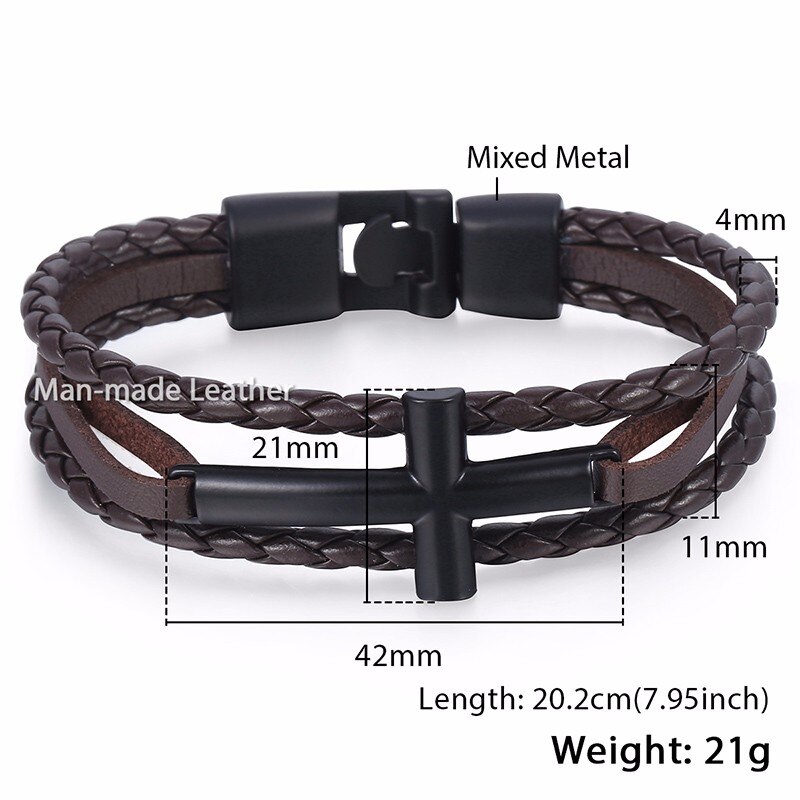Davieslee Womens Mens Chain Cross Charm Bracelet Wristband Man-made Leather Braided Rope Link Black Silver Color 11mm LLBM117: LB718