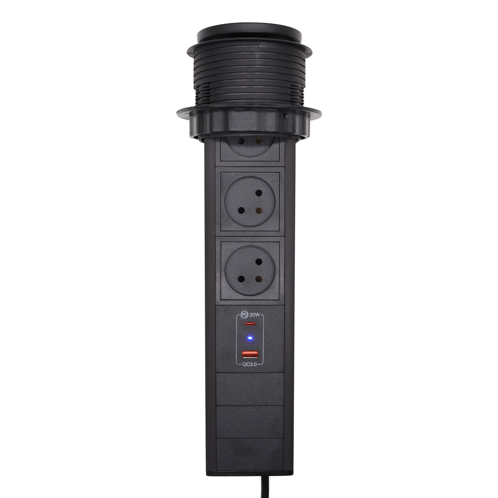 Uitklapbaar stopcontact; ingebouwd bureaubladstopcontact; 3-- cijferige wisselstroomaansluiting, usb-a/c snelladen  pd 20w ; gebruikt voor vergadertafels, keukens en