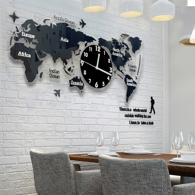 3D World Map Wall Clock Digital Modern Hanging Clock Quiet Acrylic Home Office