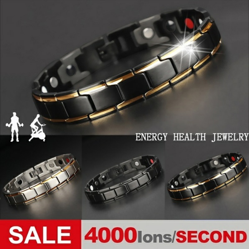 Luxe Mode Gezondheid Energie Armband 4 In 1 Armband Mannen Roestvrij Staal Bio Magnetische Armband Zwart Sieraden Relogio Masculino