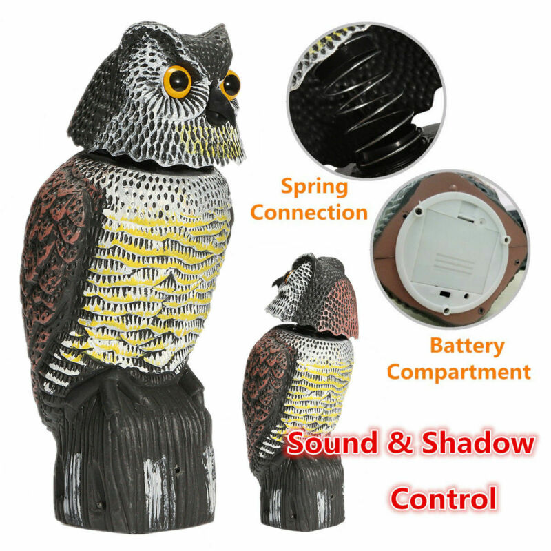 Realistic Bird Scarer Rotating Head Sound Owl Prowler Decoy Protection Repellent Pest Control Scarecrow Garden Yard