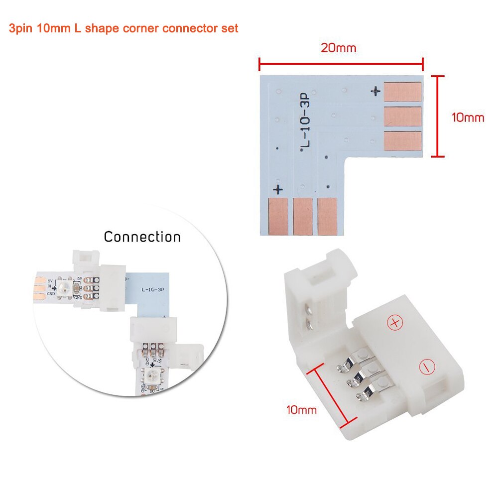 3pin 10mm Width L Shape Corner Connector Solderless For ws2811 ws2812b SK6812 Led Strip No Soldering Ambilent